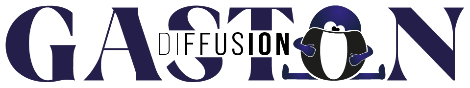 Logo Gaston avec mascotte corbeau portant un béret bleu entre les lettres "GASTON" en violet foncé sur fond noir