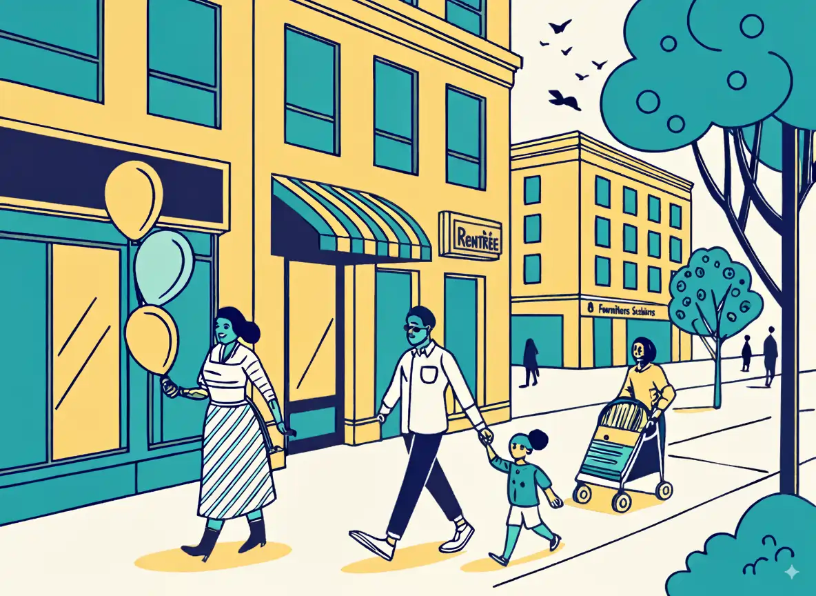 Une famille française profite des activations street marketing lors de la période de rentrée scolaire - 64% des familles font leurs achats accompagnées de leurs enfants