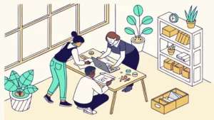 Équipe en entreprise collaborant autour d’un atelier éco-responsable pour renforcer l’engagement et la cohésion.