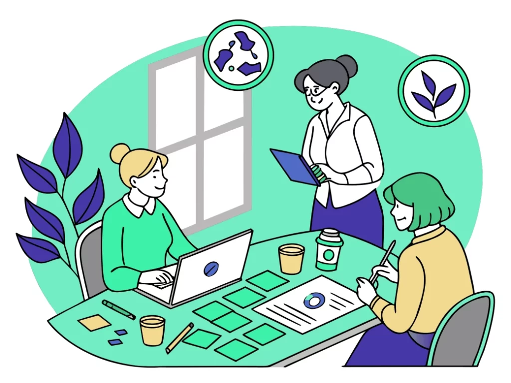 Session de brainstorming RSE où des collaboratrices travaillent sur des solutions durables pour transformer l’éco-anxiété en actions concrètes.