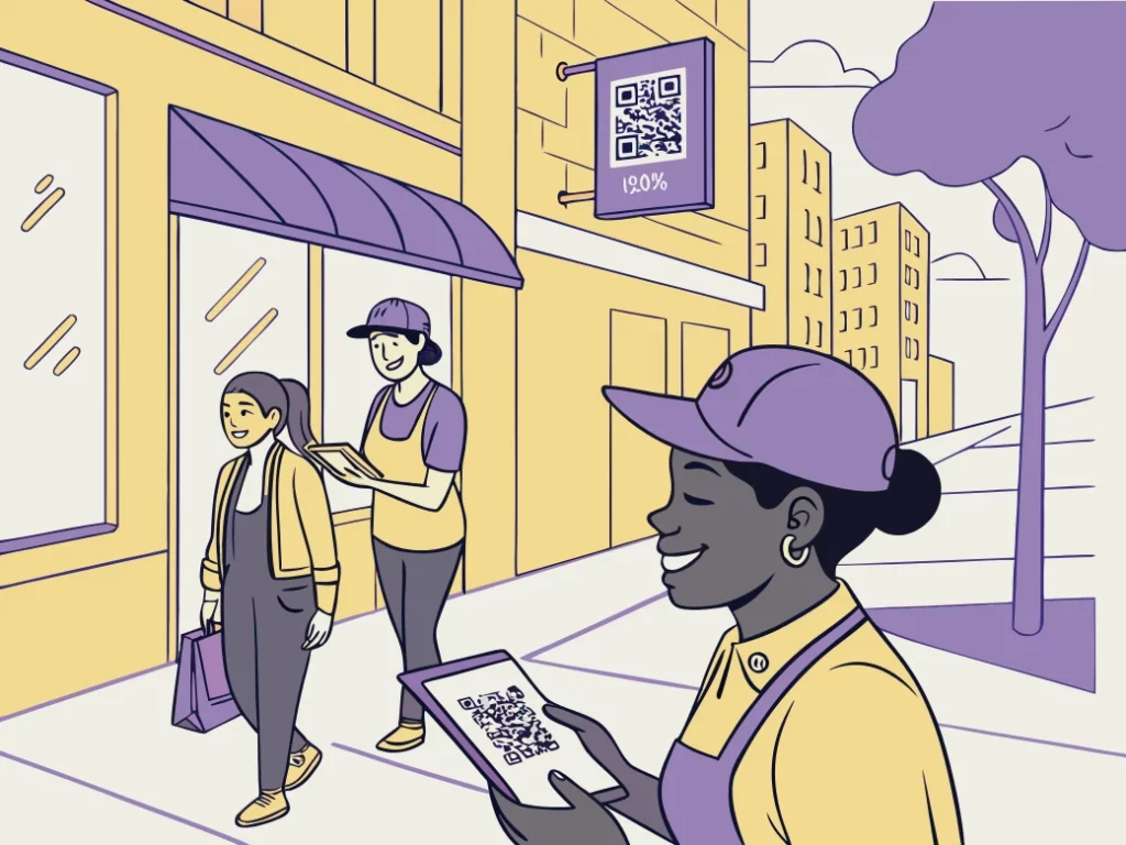 Animateurs distribuant des QR codes promotionnels dans la rue pour une campagne Black Friday.