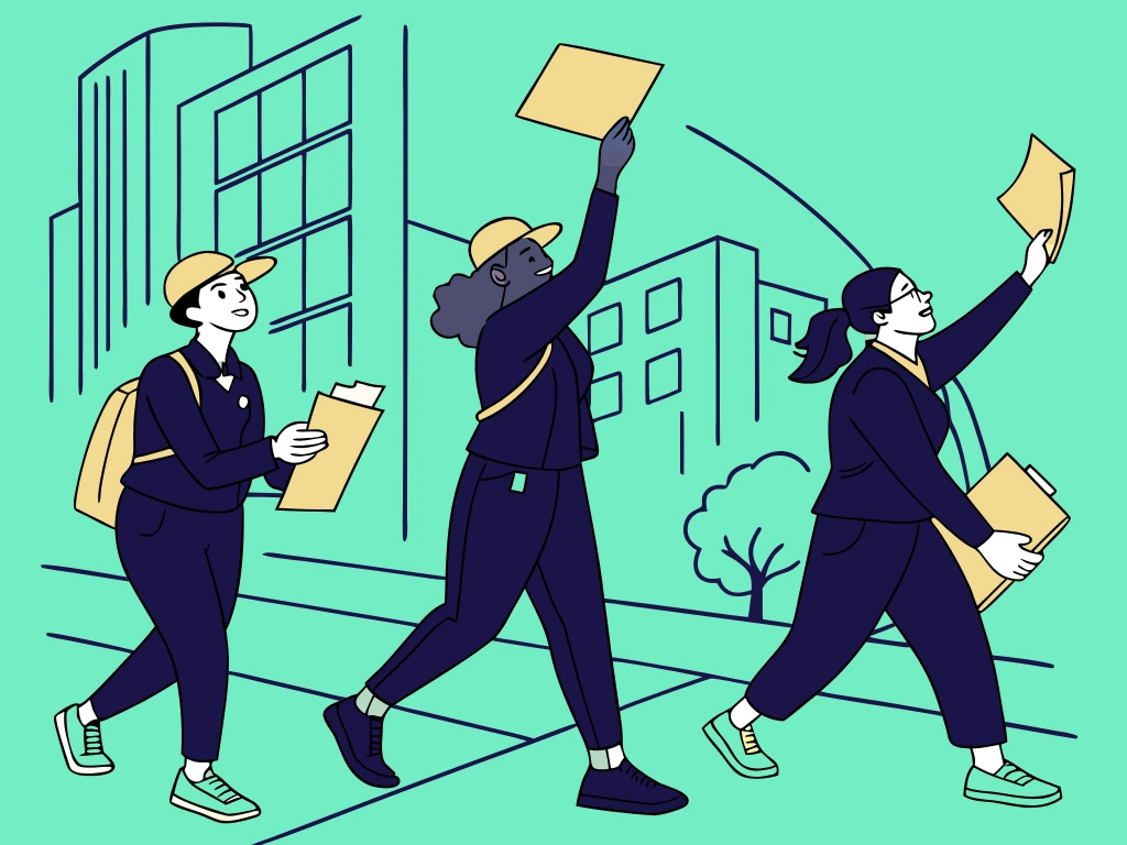 Équipe d’ambassadeurs en tenue bleue lors d’une campagne de street marketing organisée par Gaston Diffusion.