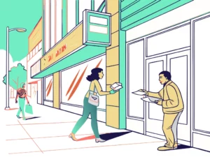 Scène de distribution urbaine dynamique avec passants et vitrines commerciales, illustrant une opération de street marketing menée par Gaston Diffusion.