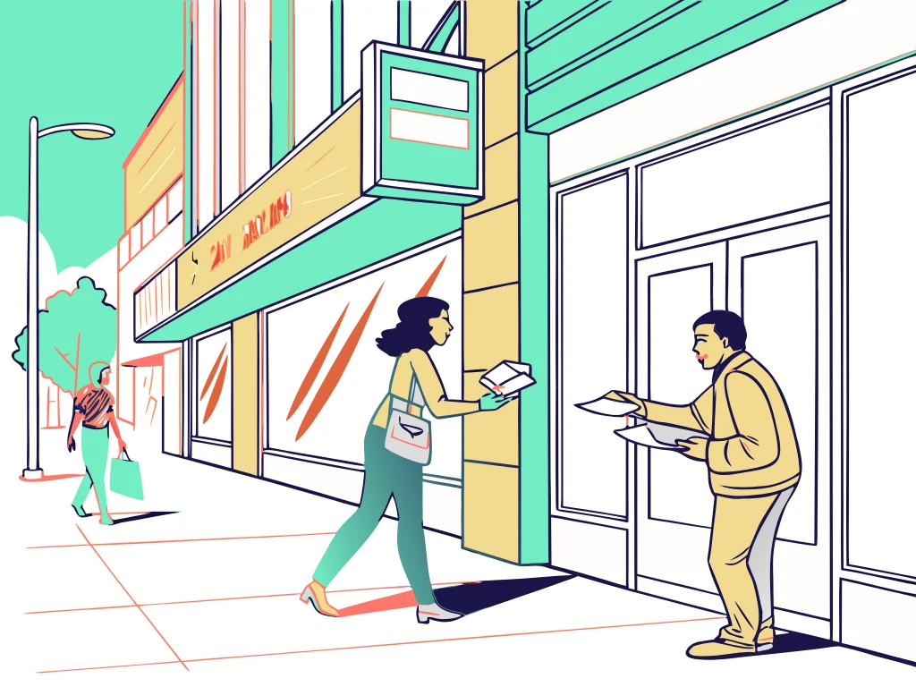 Scène de distribution urbaine dynamique avec passants et vitrines commerciales, illustrant une opération de street marketing menée par Gaston Diffusion.