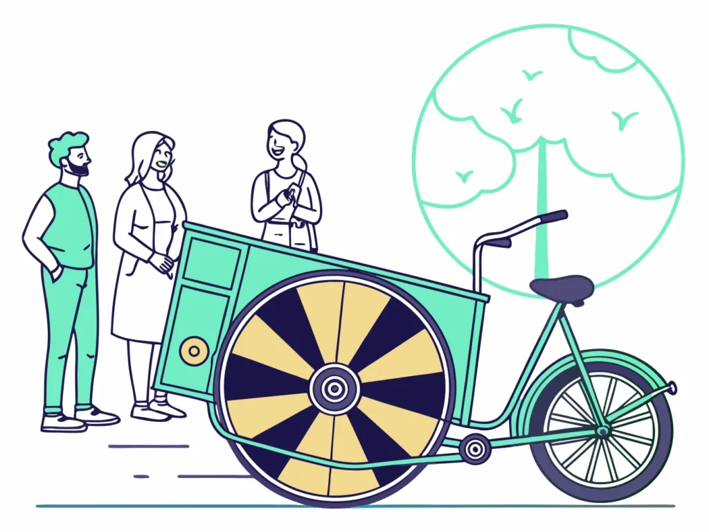 Triporteur de street marketing avec roue de la fortune attirant des passants lors d’une animation Black Friday.