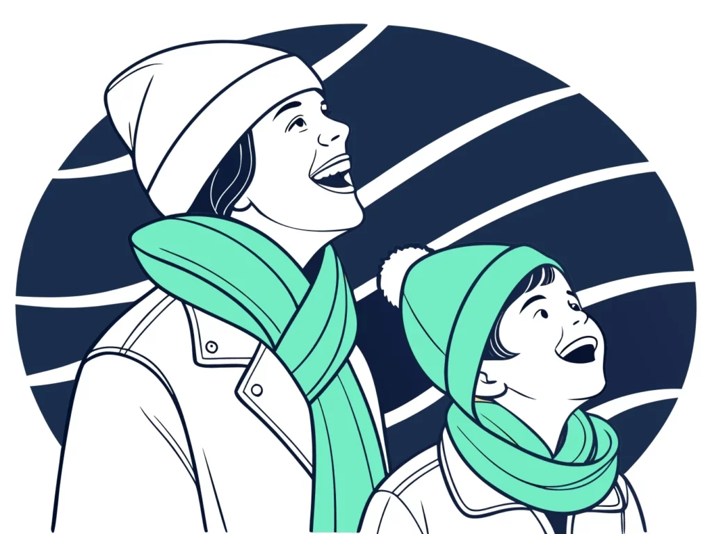 Portrait d'une femme et d'un enfant en tenue d'hiver riant aux éclats en regardant un spectacle de rue, couleurs menthe et bleu nuit.