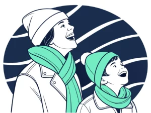 Portrait d'une femme et d'un enfant en tenue d'hiver riant aux éclats en regardant un spectacle de rue, couleurs menthe et bleu nuit.