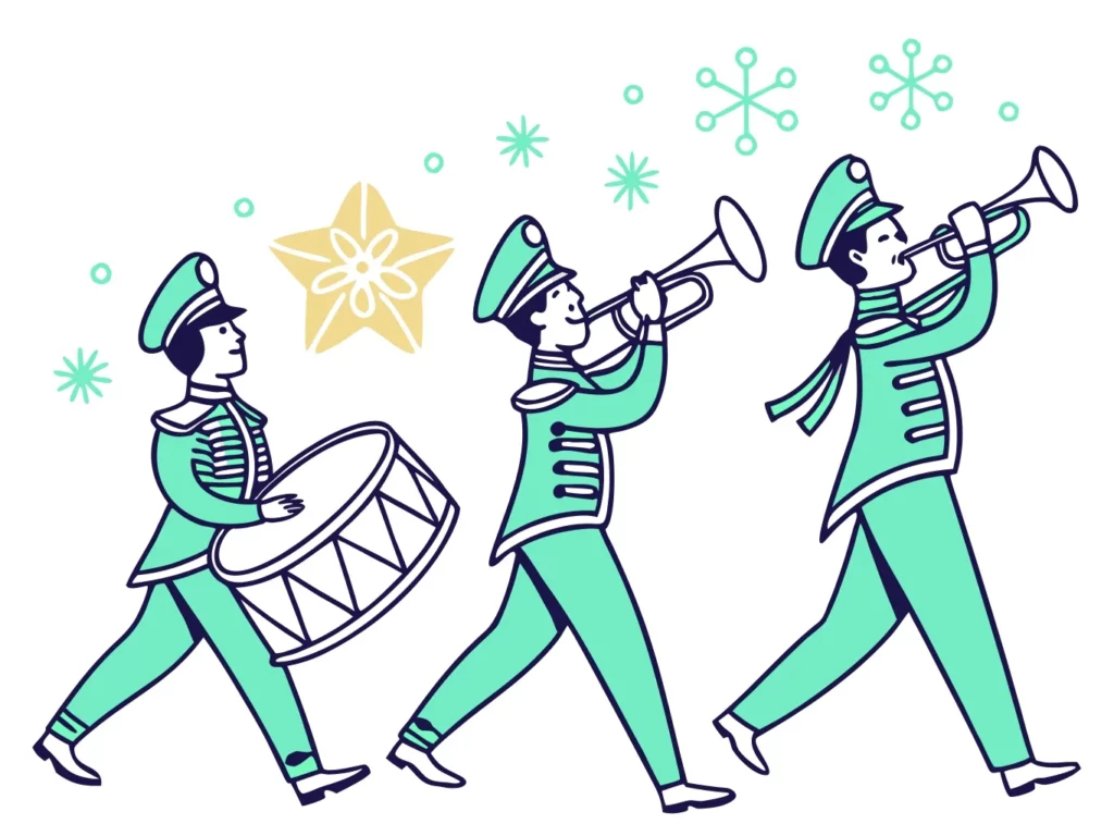 Trio de musiciens en uniforme vert menthe jouant de la trompette et du tambour en marchant, style vectoriel moderne.