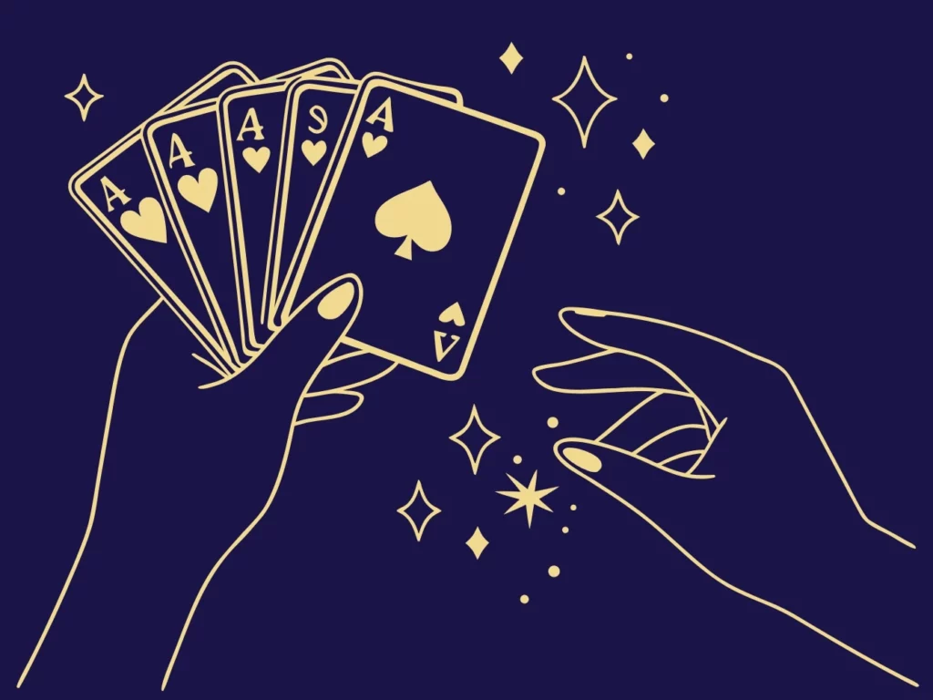 Illustration vectorielle stylisée de mains de magicien tenant un carré d'as doré sur fond bleu nuit, avec des étincelles magiques.