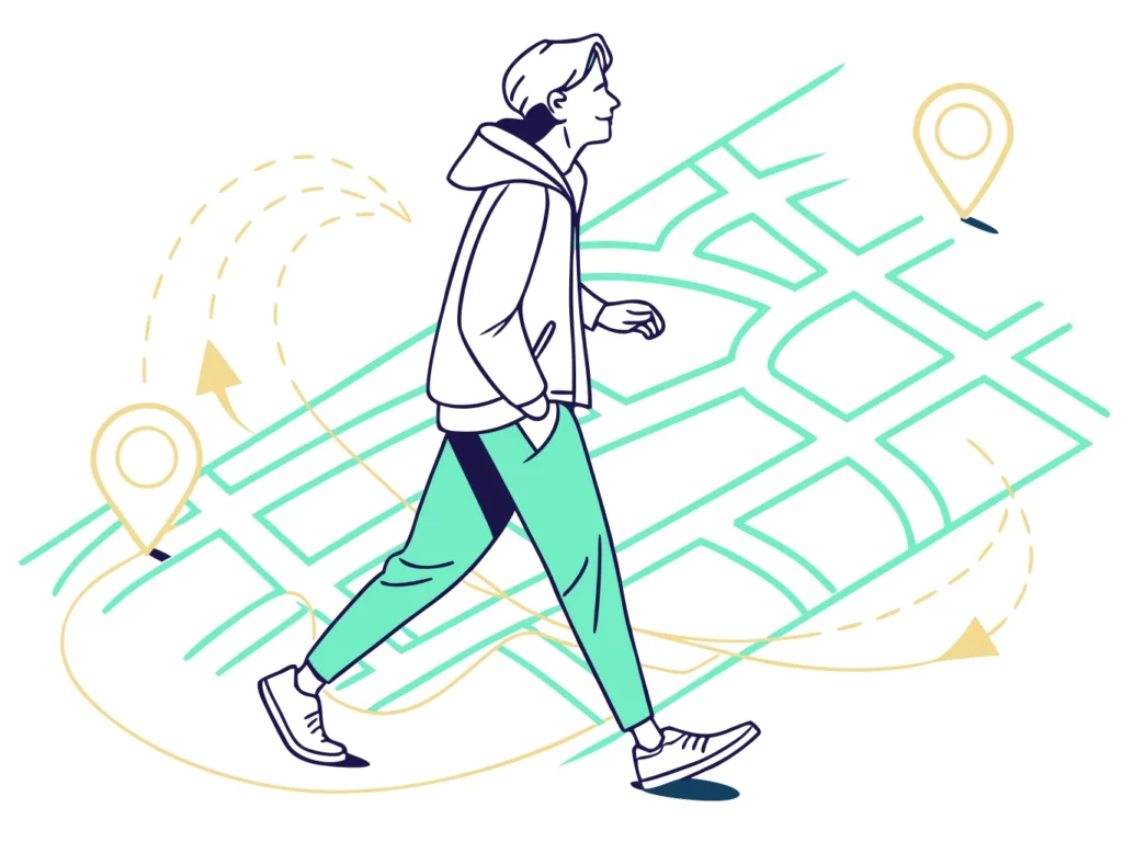 Illustration vectorielle abstraite représentant l’analyse des flux piétons et des parcours urbains en street marketing immobilier.