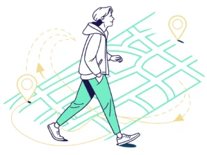 Illustration vectorielle abstraite représentant l’analyse des flux piétons et des parcours urbains en street marketing immobilier.