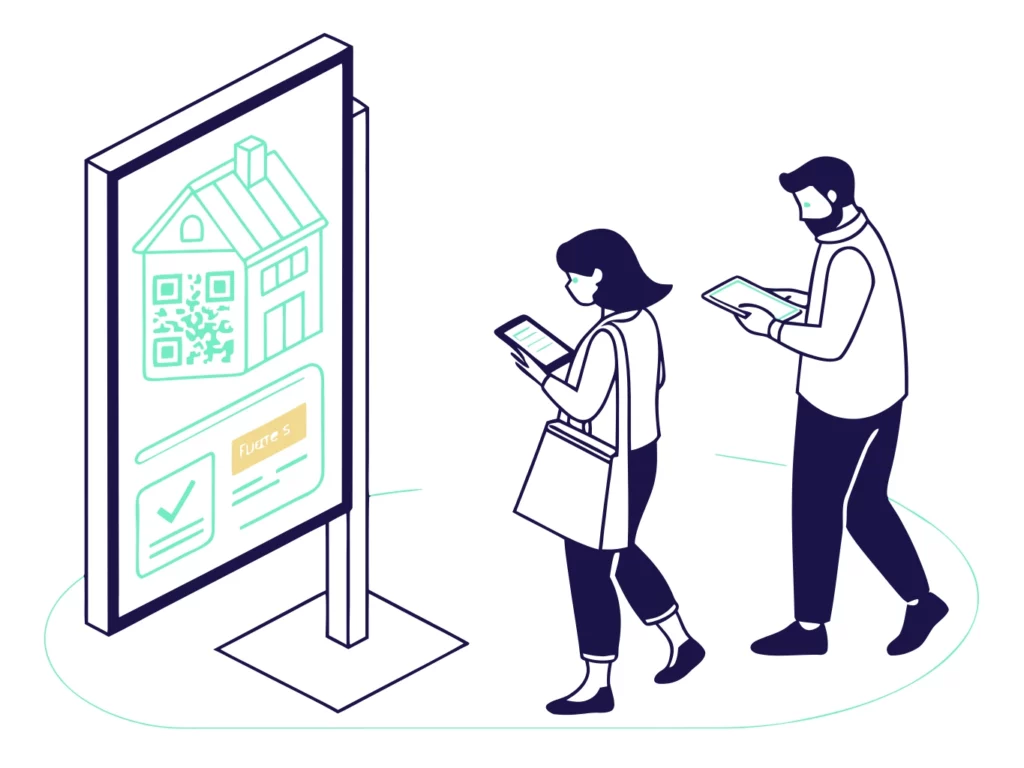 Illustration vectorielle montrant des passants interagissant avec un support de communication immobilière intégrant un QR code.