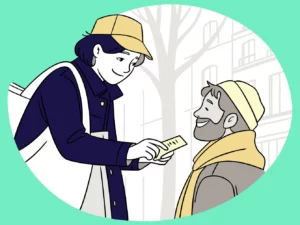 Ambassadeur de marque souriant offrant un échantillon à un passant dans la rue, moment d'échange authentique