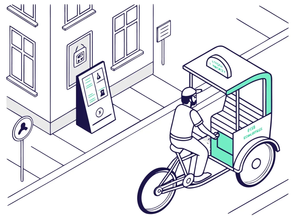 Illustration vectorielle d’un dispositif de street marketing mobile avec vélo publicitaire en centre-ville