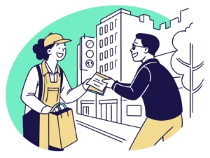 Illustration vectorielle d’une interaction humaine entre un animateur de street marketing et un passant lors d’une distribution de flyers