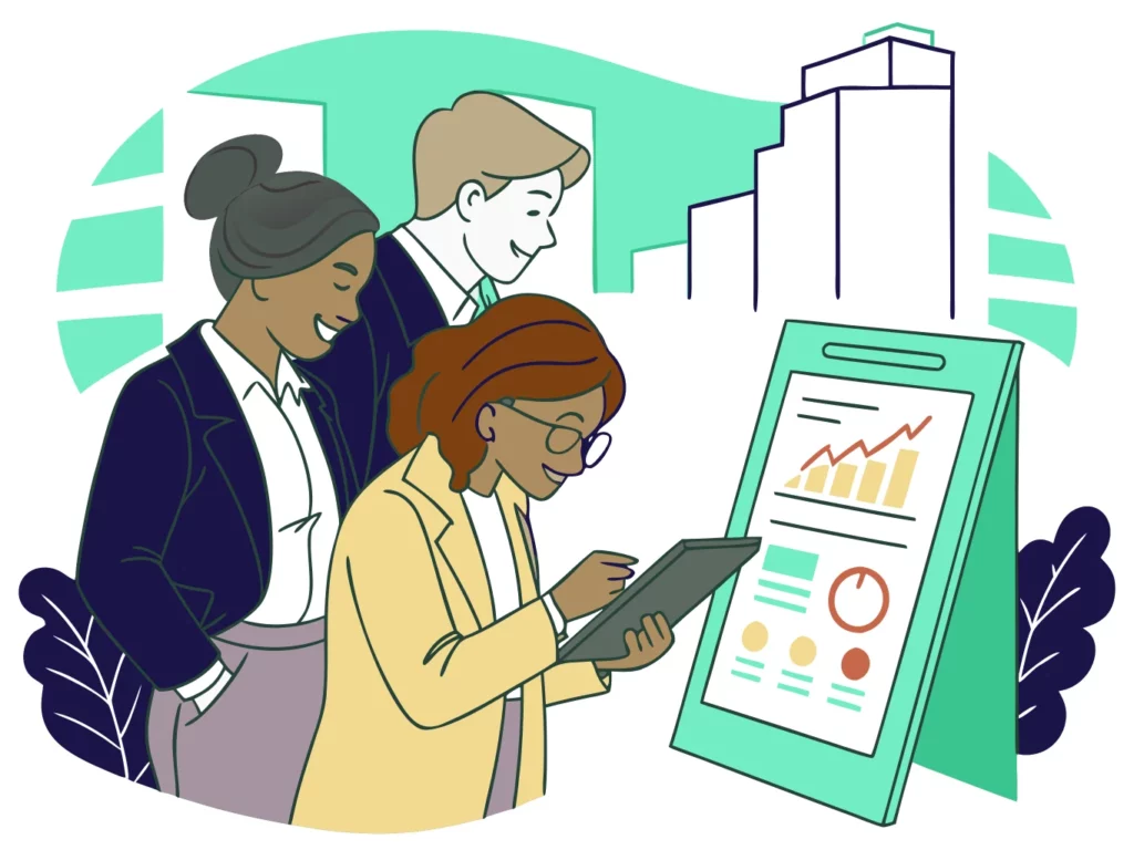 Équipe marketing analysant des données de campagne sur tablette avec graphiques de performance et KPIs