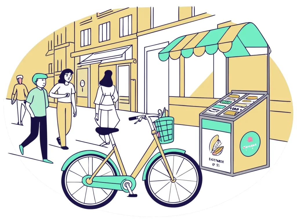 Vélo publicitaire avec stand promotionnel dans une rue urbaine, ambassadeurs de marque engageant des passant