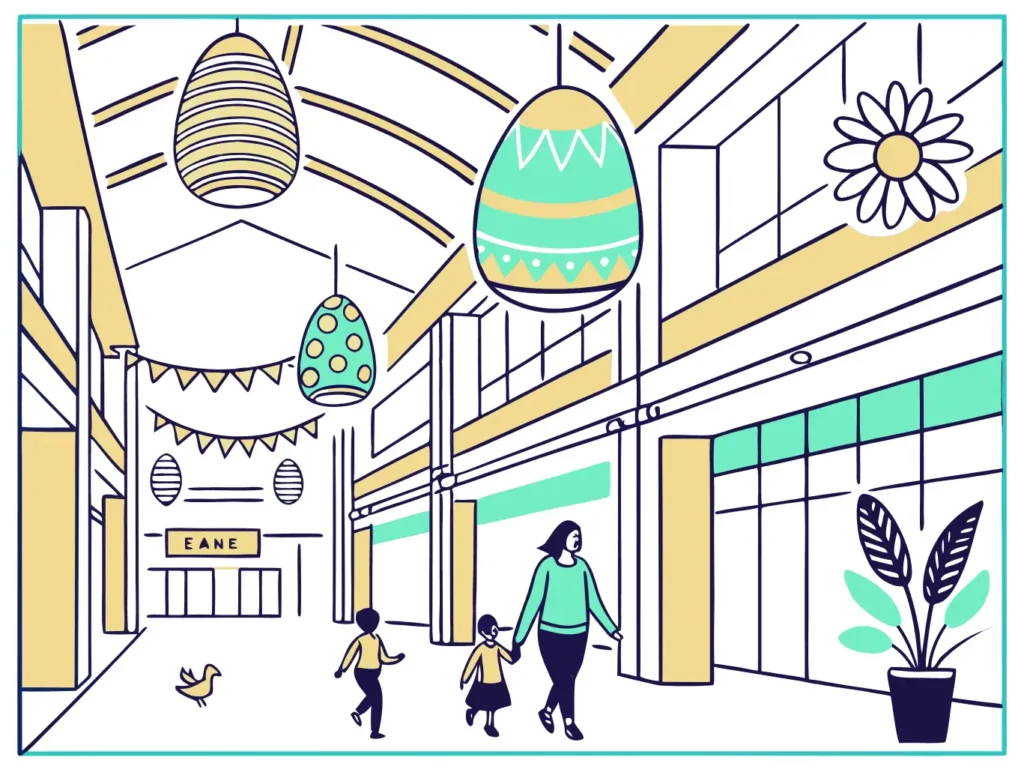 Galerie marchande décorée pour Pâques avec des œufs géants suspendus et une famille se promenant dans les allées festives