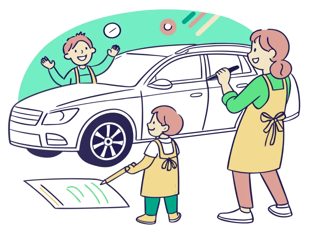 Enfants participant à un atelier créatif de coloriage géant sur carrosserie lors d'une animation en concession automobile