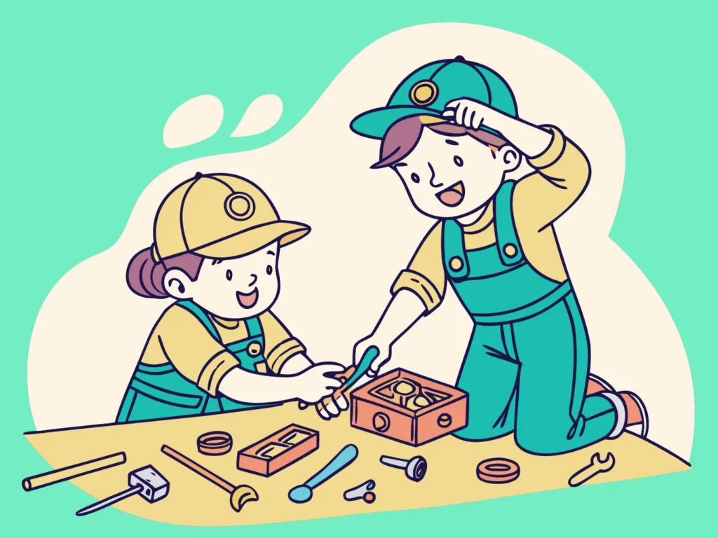 Enfants déguisés en mécaniciens manipulant des outils lors d'un atelier créatif en concession automobile