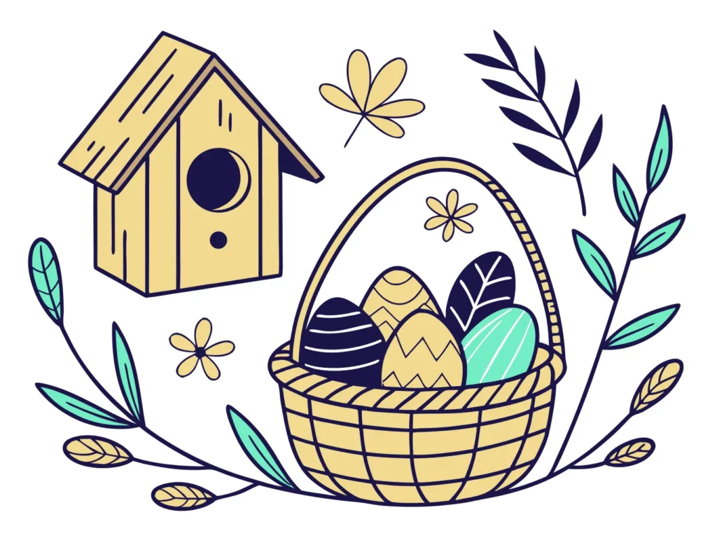 Nichoir en bois et panier en osier rempli d'œufs décorés entourés de feuillages printaniers