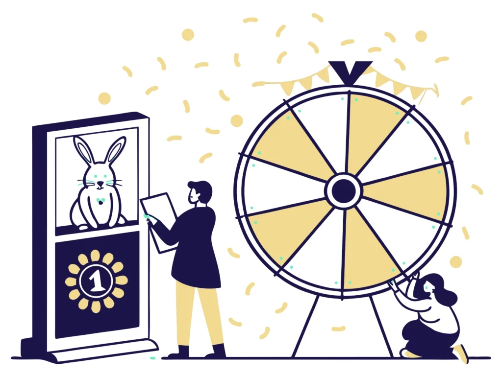 Roue de la chance et borne photobooth avec lapin de Pâques lors d'une animation en centre commercial