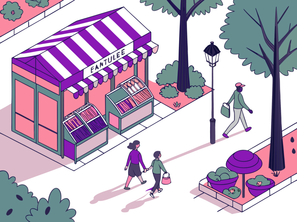 Flâneurs parisiens déambulant devant une boutique animée lors d'un week-end prolongé — cible idéale d'une opération de street marketing commerce