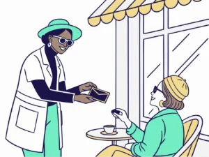 Opticienne remettant un flyer à une cliente attablée en terrasse de café, ambiance printanière urbaine