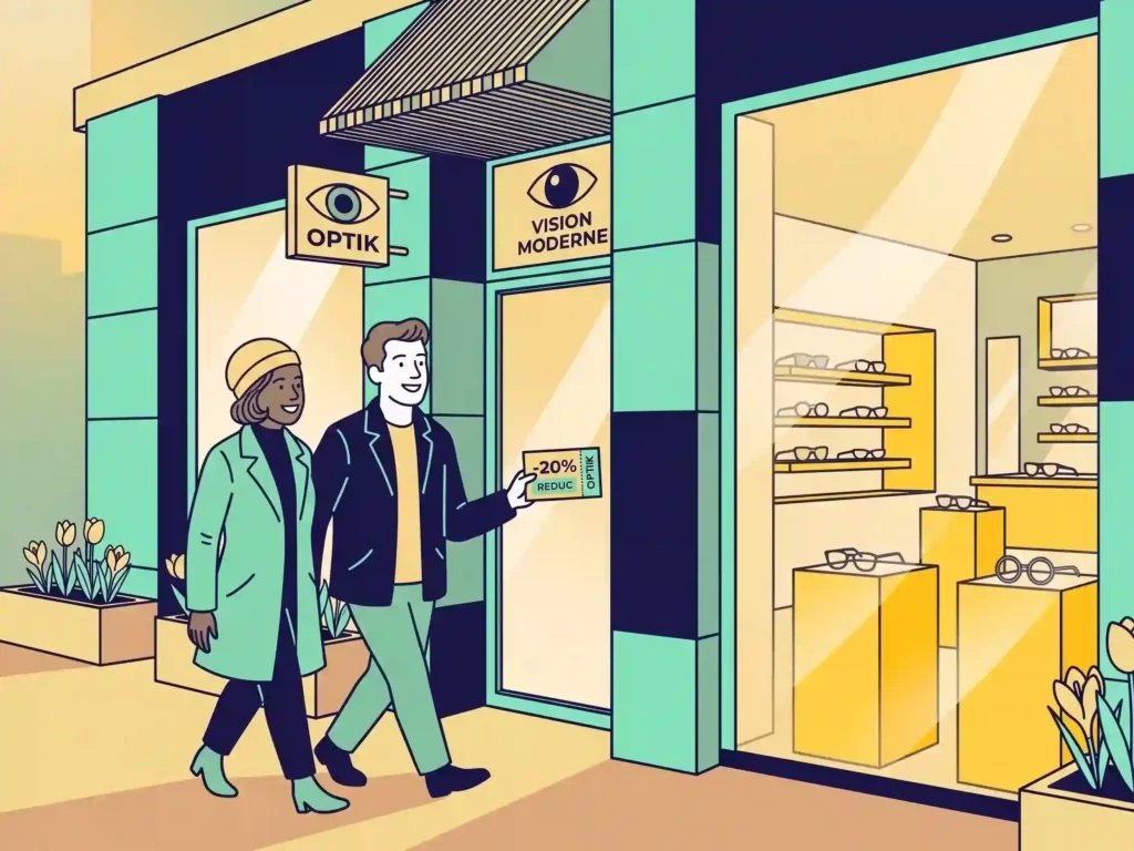 Couple entrant dans une boutique d'opticien avec un coupon de réduction, vitrine aux couleurs navy et vert sauge