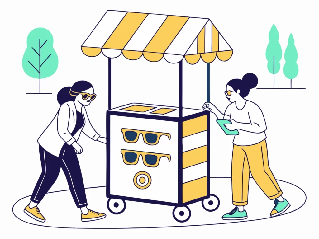 Deux animatrices avec un stand mobile de lunettes de soleil en plein air, style illustration vectorielle