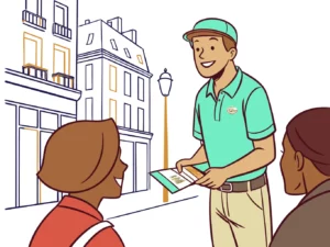 Animateur Gaston Diffusion en polo vert distribuant des flyers à des passants souriants dans une rue parisienne haussmannienne