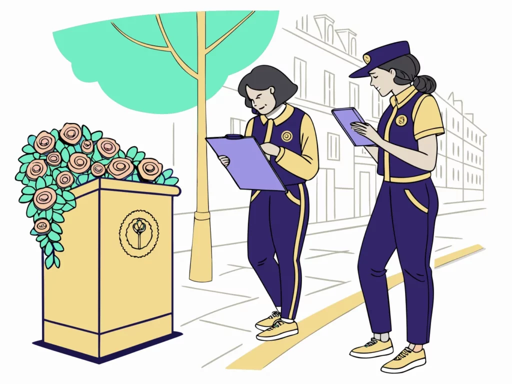 Deux animatrices en uniforme marine et doré coordonnent un stand de roses pour une animation Fête des Mères en rue à Paris