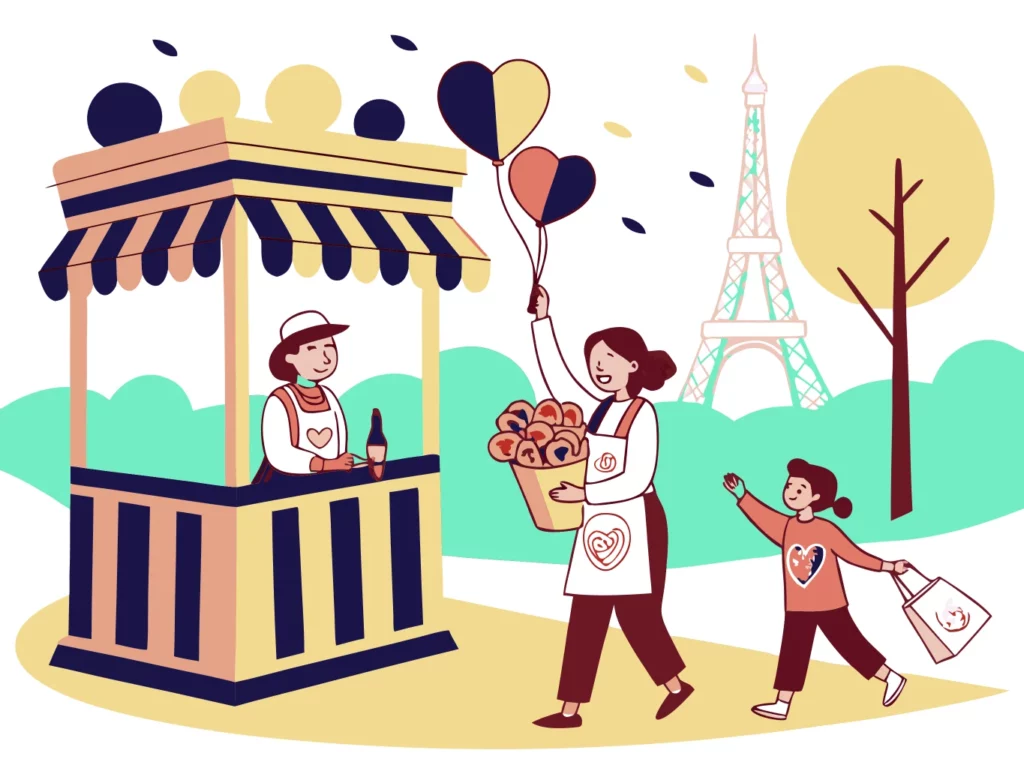 Animatrice tenant un bouquet de bonbons et des ballons en forme de cœur lors d'une animation Fête des Mères en rue à Paris avec la Tour Eiffel en arrière-plan