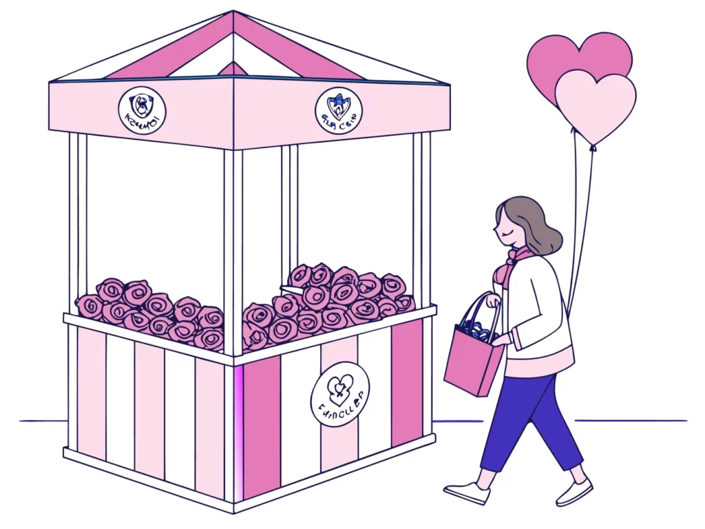 Stand éphémère fleuri avec des roses roses et ballons en forme de cœur pour une animation Fête des Mères en rue à Paris