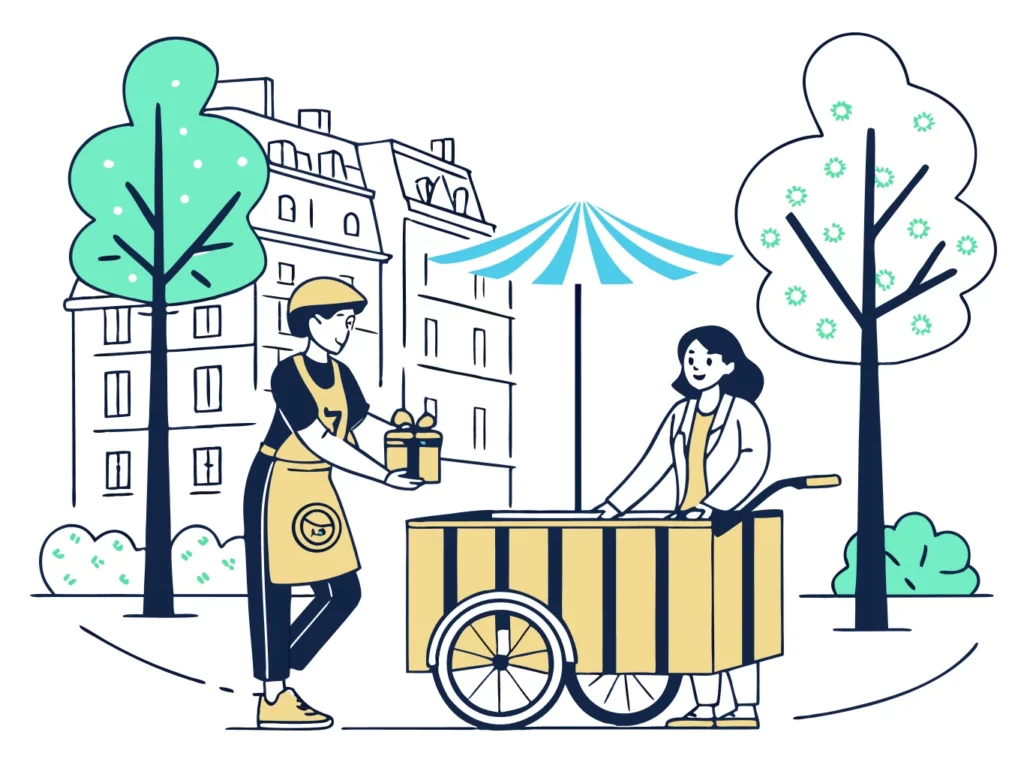 Illustration vectorielle d'un animateur Gaston Diffusion remettant un cadeau à une passante depuis un stand mobile type Fitcar, dans une rue parisienne au printemps