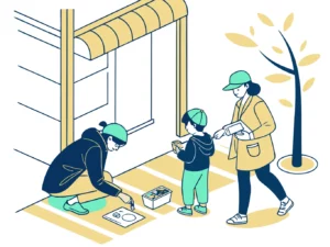 Illustration vectorielle d'un atelier participatif de street marketing en pleine rue, avec une mère et son enfant découvrant une animation créative devant une boutique