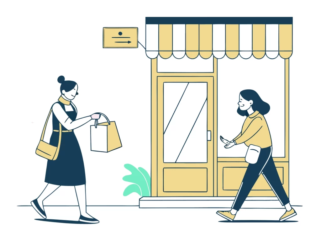 Illustration vectorielle d'une animatrice street marketing tendant un sac cadeau à une cliente qui entre en boutique, pour la Fête des Mères à Paris