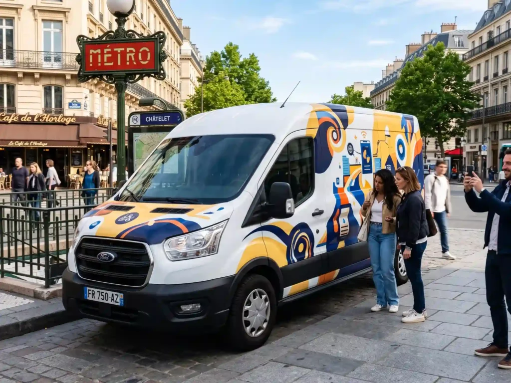 Fitcar Gaston Diffusion positionnée près d'une bouche de métro parisienne