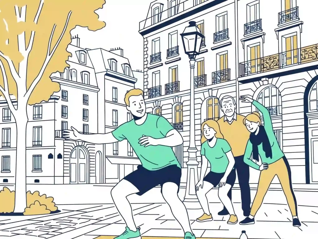 Coach sportif animant un défi fitness en pleine rue parisienne avec des passants, street marketing salle de sport