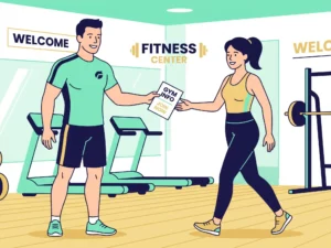 Animateur remettant un flyer avec offre d'essai gratuit à une prospecte dans une salle de sport