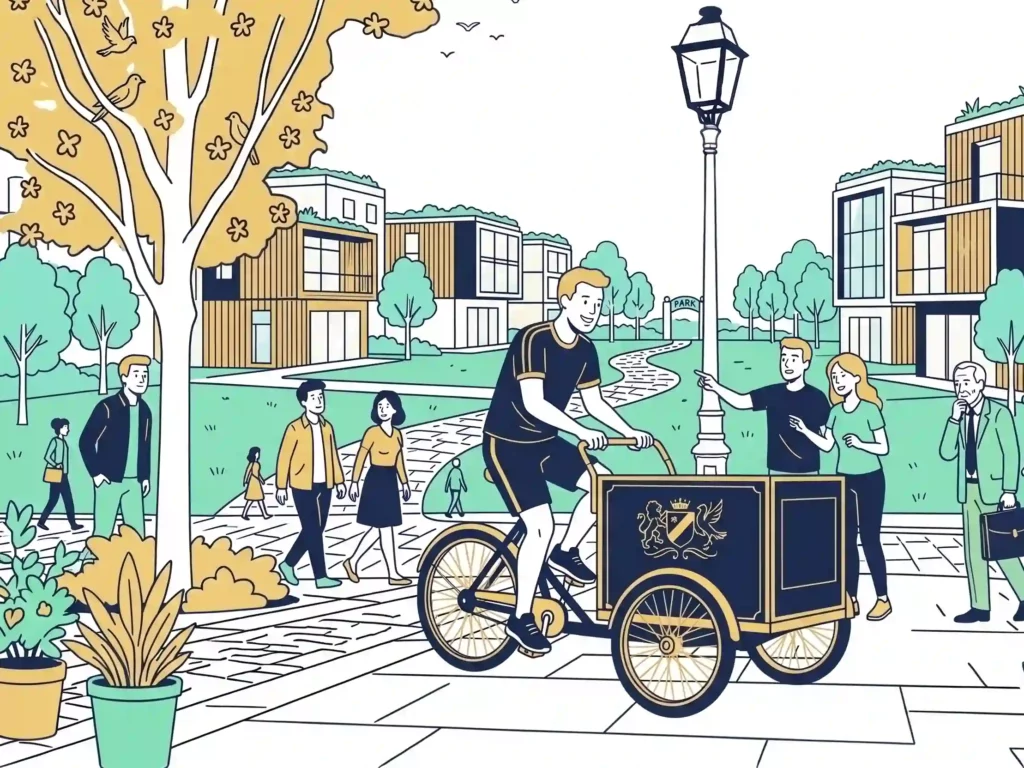 Vélo publicitaire triporteur circulant près d'un parc parisien lors d'une campagne de street marketing salle de sport