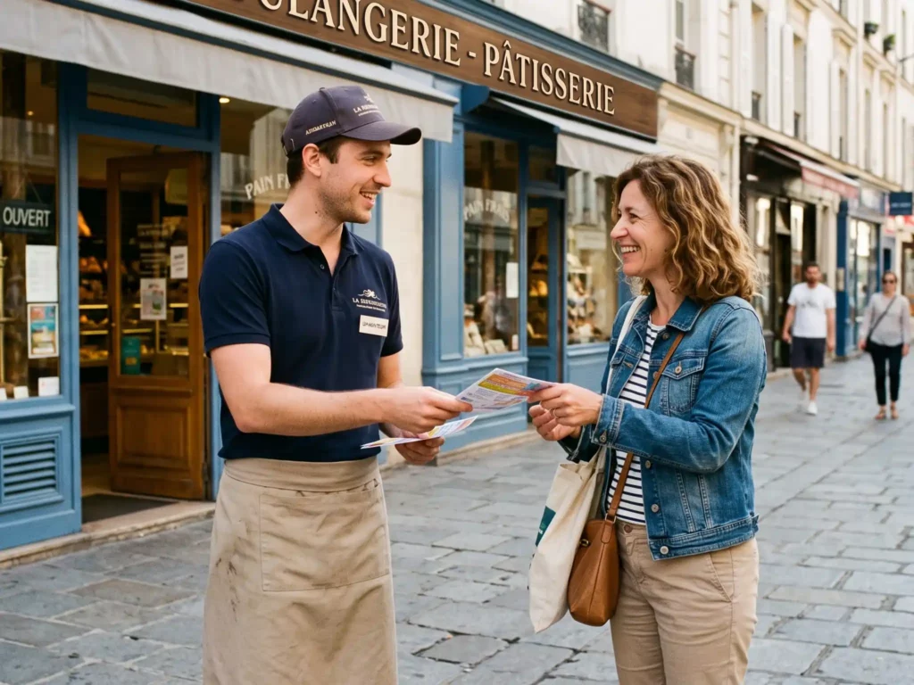 Animateur en polo navy qui remet un flyer à une passante souriante devant une boulangerie-pâtisserie parisienne