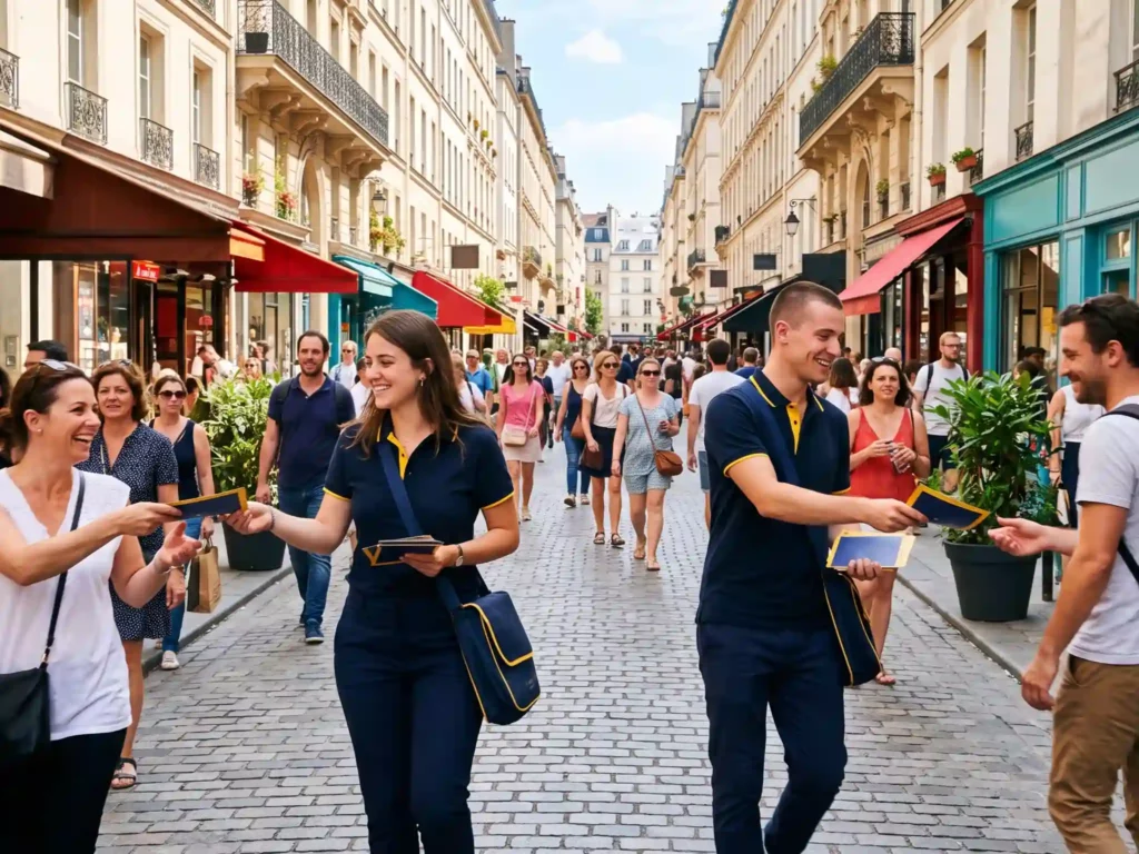 Deux animateurs Gaston Diffusion en polo navy distribuent des flyers à des passants dans une rue commerçante parisienne pavée