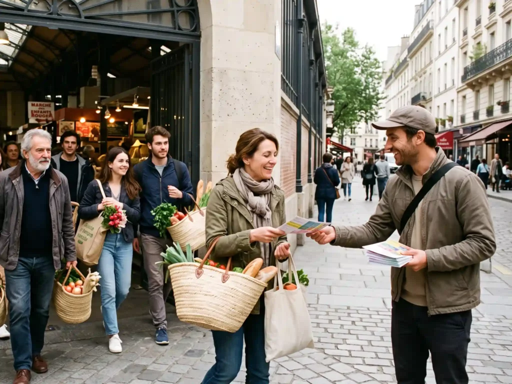 Animateur qui distribue des flyers colorés à des clients sortant d'un marché couvert parisien avec leurs paniers