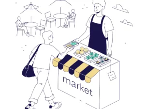 Animateur de street marketing en tablier proposant une dégustation gratuite à une passante devant un stand rayé, avec une terrasse de restaurant en arrière-plan