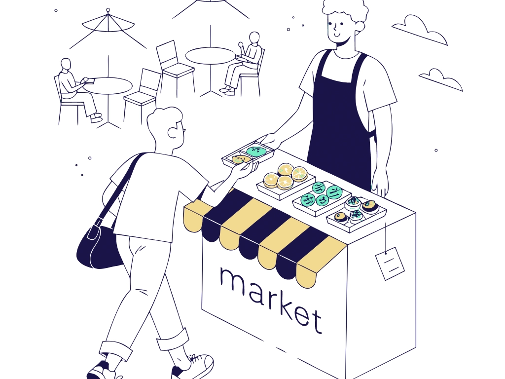 Animateur de street marketing en tablier proposant une dégustation gratuite à une passante devant un stand rayé, avec une terrasse de restaurant en arrière-plan
