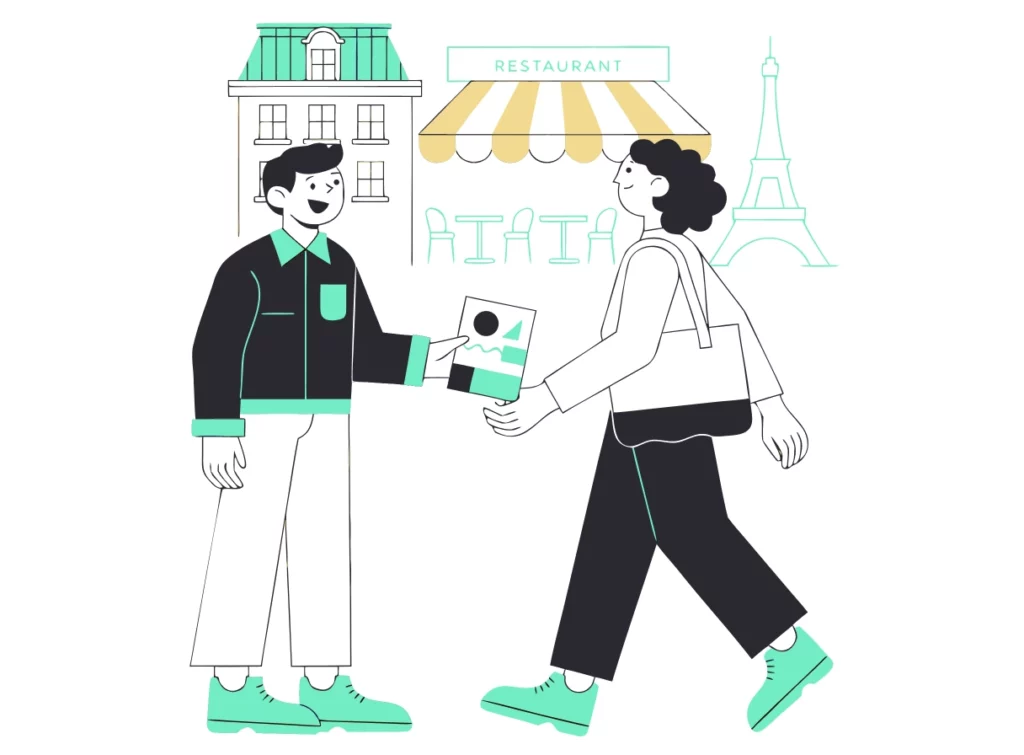 Animateur street marketing remettant un flyer restaurant à une passante dans une rue parisienne, avec la Tour Eiffel et une devanture de restaurant en fond