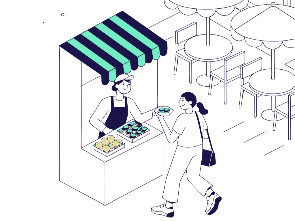 Passant recevant une dégustation gratuite à un stand de street marketing restaurant, avec une terrasse animée en arrière-plan