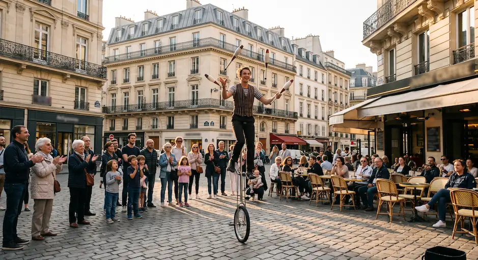 Animation commerciale paris avec un artiste circassien en performance sur une place pavée parisienne devant un attroupement de passants amusés