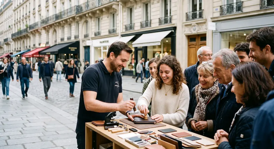 Animation commerciale Paris avec animateur Gaston Diffusion aidant une passante à personnaliser un échantillon lors d'un atelier participatif dans une rue parisienne
